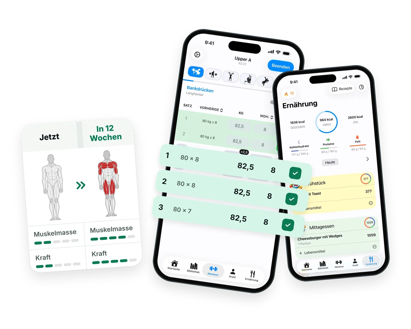Ein laufendes Training mit erledigten Sätzen, die Ernährung des Tages und ein Muskelvergleich zwischen jetzt und in 12 Wochen in der GymEvo-App