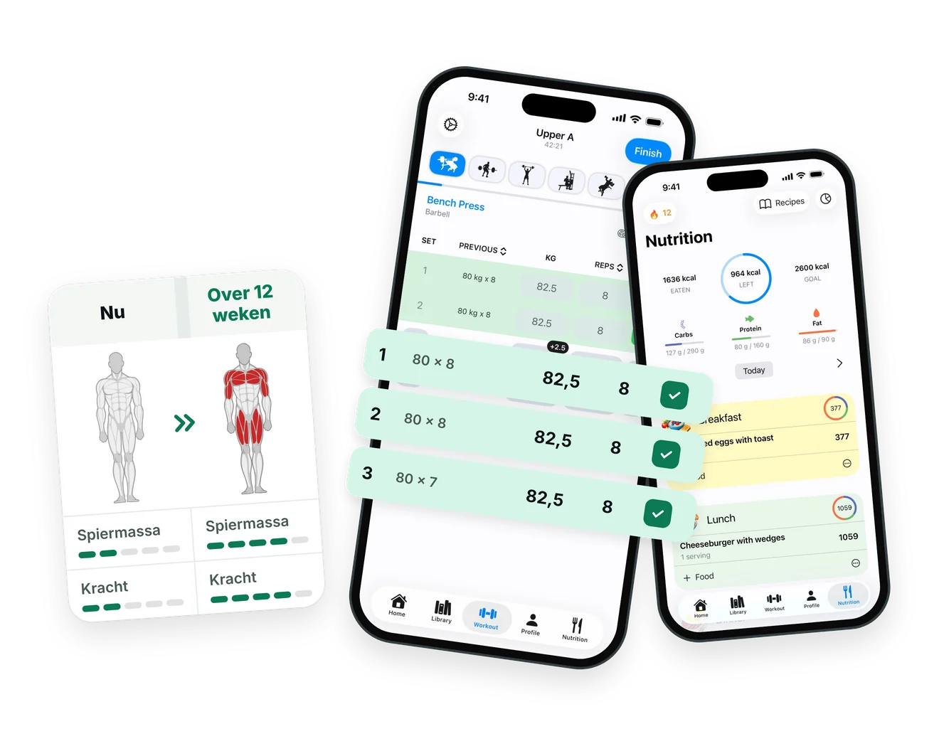 Een lopende training met gelogde sets, de voeding van vandaag en een spiervergelijking tussen nu en over 12 weken in de GymEvo-app