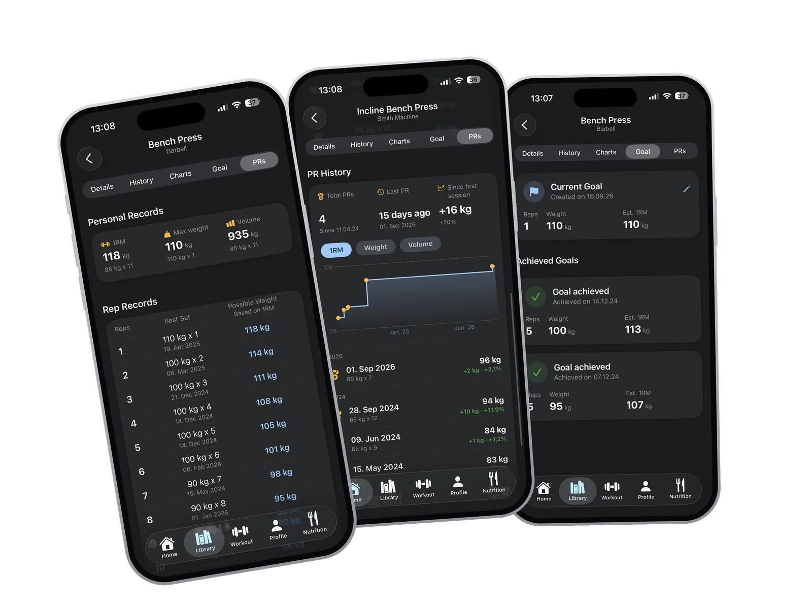 Personal records and PR history in the GymEvo app
