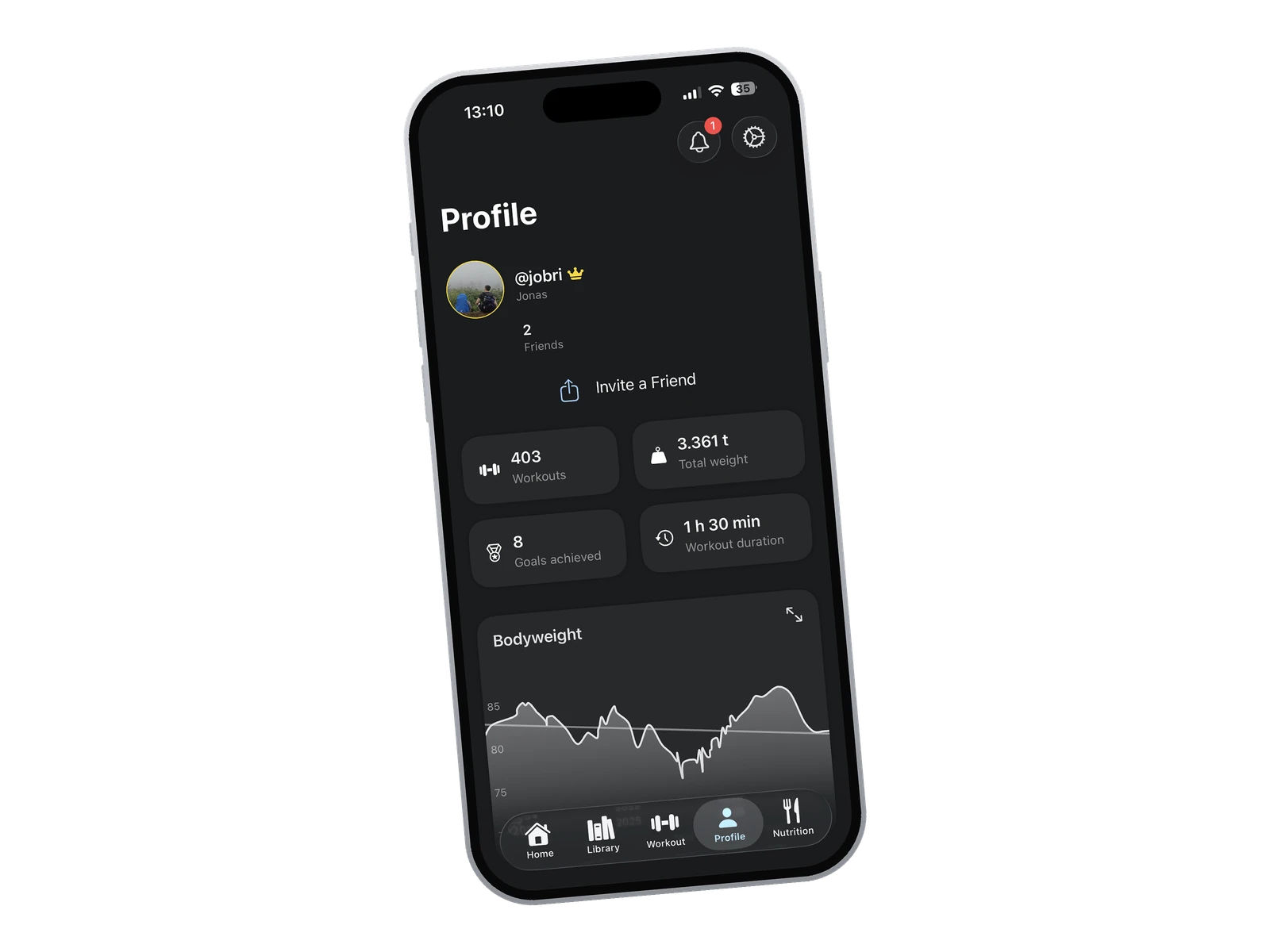 Profile with training stats and friends in the GymEvo app