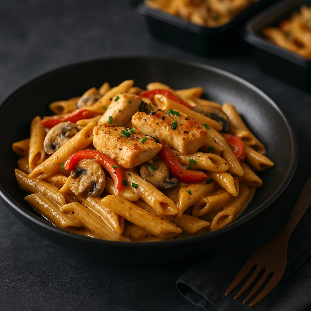 Pan of creamy Cajun chicken pasta with penne, red pepper strips, and sliced mushrooms