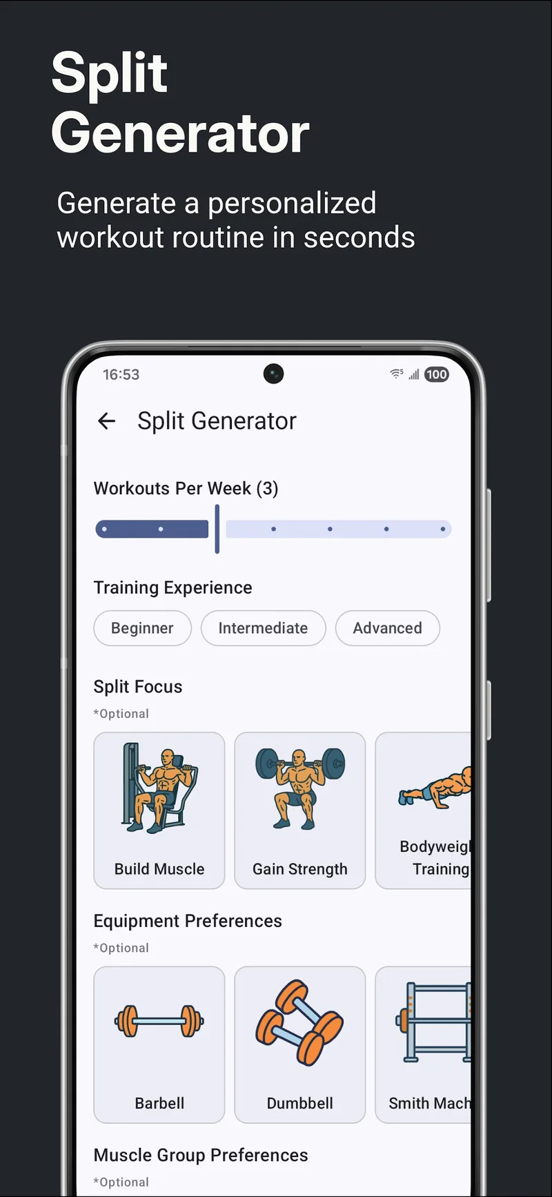 GymEvo's split generator, with sliders and chips for workouts per week, training experience, split focus, and equipment preferences.