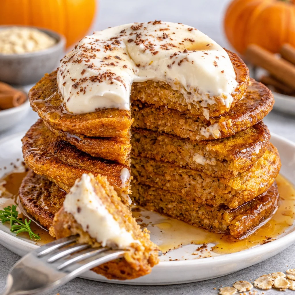 Stack of pumpkin oat pancakes topped with yogurt and dusted cocoa, with a fork lifting a bite